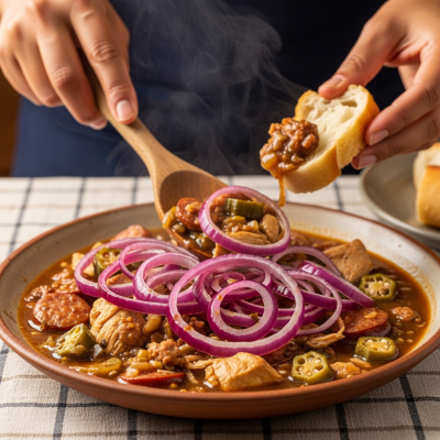 A cultural representation of a Red Creole onion (onions) featured in a traditional dish or meal setting