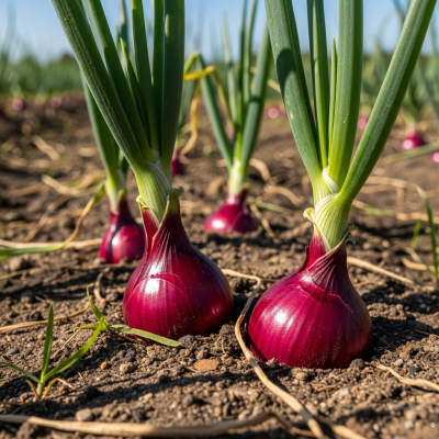 A photograph of a Red Creole onion (onions) in its natural environment or growing in soil