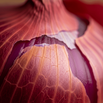 A macro photograph highlighting the surface texture and skin details of a Red Creole onion