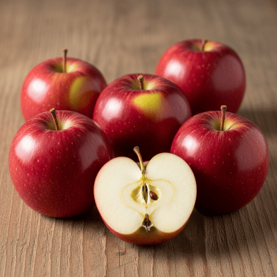 A simple arrangement showing several whole and one cut-open Red Delicious, displayed on a wooden surface