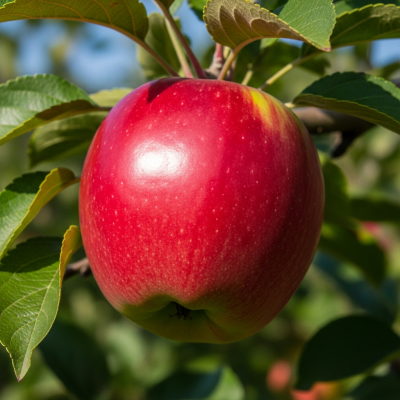 A naturalistic photograph of a Red Delicious, hanging on its tree branch with leaves visible