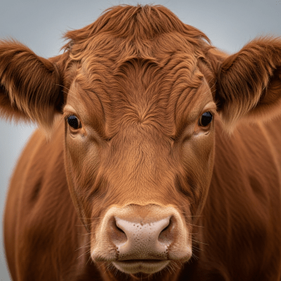 Close-up photograph of the head and face of a Devon (Red Devon), focusing on distinctive features such as eyes, ears, and fur texture