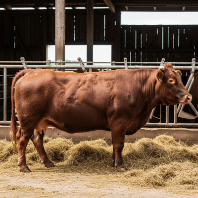 Documentary-style image of a Devon (Red Devon) in a barn or shelter environment, showing typical housing conditions for cows