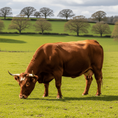 Naturalistic image of a Devon (Red Devon) in its typical environment, such as a grassy pasture or open field