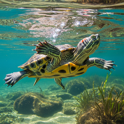 A dynamic action shot of a Red-eared Slider, part of the taxonomy reptiles, in motion such as climbing, swimming, basking, or hunting in its environment