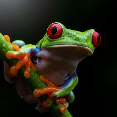 A striking, editorial-style portrait of a single Red-eyed Tree Frog, part of the taxonomy amphibians.