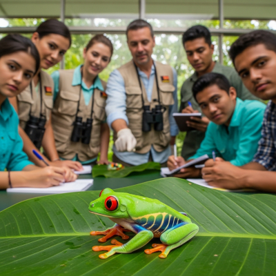 Photograph showing a Red-eyed Tree Frog in interaction with humans or within a cultural context, such as being observed by scientists or featured in educational settings