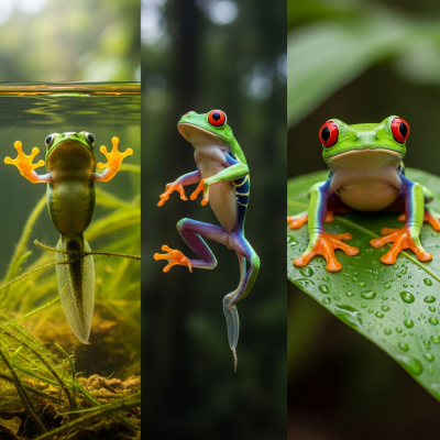 Image of a Red-eyed Tree Frog (amphibians) at the moment of transformation, such as metamorphosis from tadpole to adult