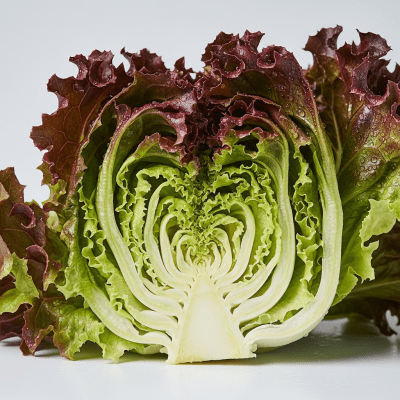 Detailed close-up image of a freshly cut cross-section of Red Leaf Lettuce, of the taxonomy lettuce