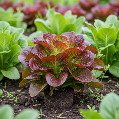 Naturalistic photograph of Red Leaf Lettuce growing in a field or garden, representing its environment as part of the taxonomy lettuce