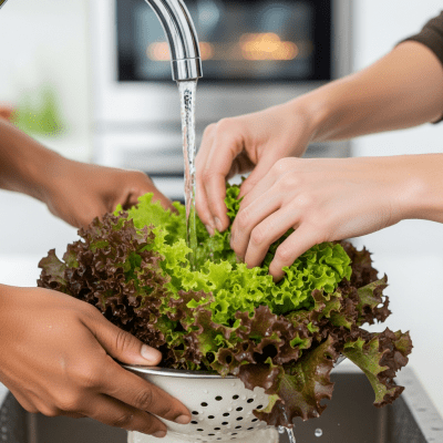 Photograph of a diverse pair of hands preparing or serving Red Leaf Lettuce in a kitchen setting