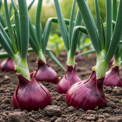 A photograph of a Red onion (onions) in its natural environment or growing in soil