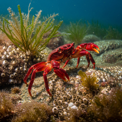 Photo-realistic underwater image of a live Red Rock Crab, in the context of the taxonomy crabs