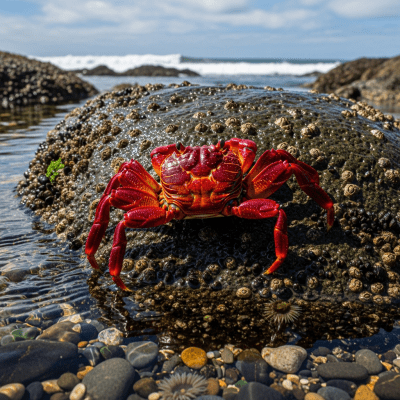 Naturalistic image of a Red Rock Crab, belonging to the taxonomy crabs, in its typical habitat such as a shoreline, rocky tide pool, or mangrove