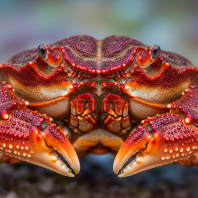 Close-up macro photograph of the shell texture and claws of a single Red Rock Crab
