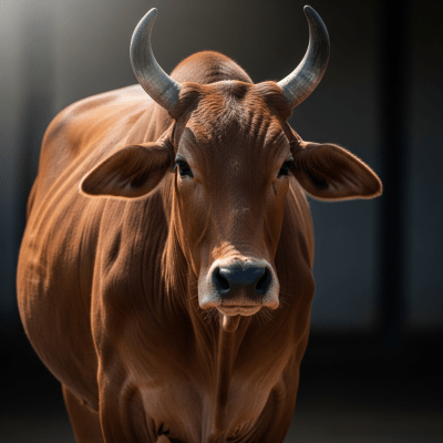 Editorial-style portrait of a Red Sindhi from the taxonomy cows, with dramatic lighting and shallow depth of field to highlight unique features or markings.