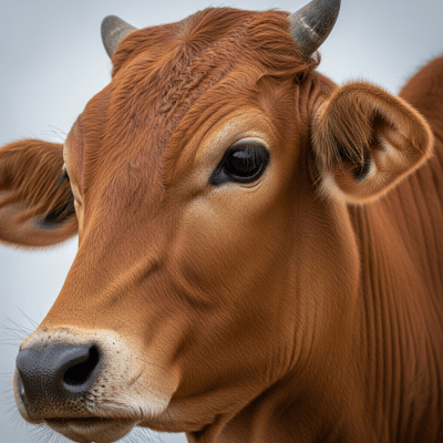 Close-up photograph of the head and face of a Red Sindhi, focusing on distinctive features such as eyes, ears, and fur texture