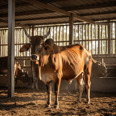 Documentary-style image of a Red Sindhi in a barn or shelter environment, showing typical housing conditions for cows
