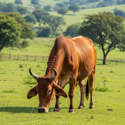 Naturalistic image of a Red Sindhi in its typical environment, such as a grassy pasture or open field