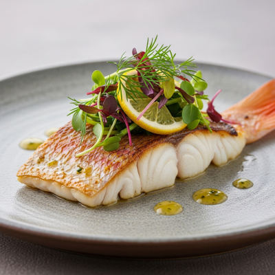 A culinary presentation featuring a prepared dish made with Red Snapper, of the taxonomy fish