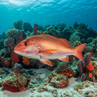 Underwater scene featuring a single Red Snapper
