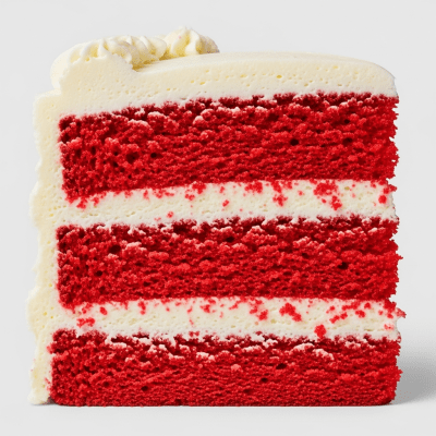 Detailed cross-sectional view of a sliced Red Velvet Cake (cake), showing internal layers, textures, and ingredients