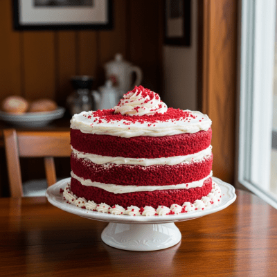 A realistic image of a whole Red Velvet Cake (cake) displayed on a classic dessert table in a home or bakery setting