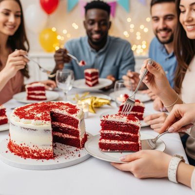 A scene showing the Red Velvet Cake (cake) being served or enjoyed at a festive occasion, such as a birthday party or wedding