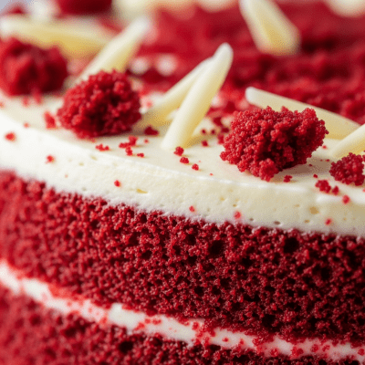 Close-up macro photograph of the surface texture and decoration of a Red Velvet Cake (cake)