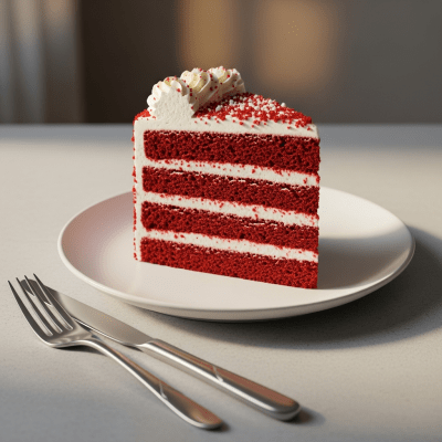 An image of a single slice of Red Velvet Cake, from the cake taxonomy, isolated on a plate with simple cutlery