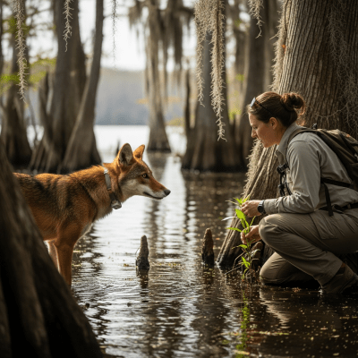 Image of a Red Wolf interacting with humans in a cultural or practical context