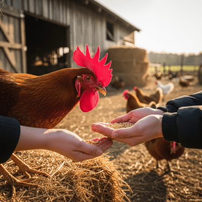 Photograph of a Redcap from the chicken taxonomy interacting with humans in a typical farm setting
