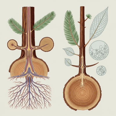 Detailed botanical illustration of the internal structure of a Redwood