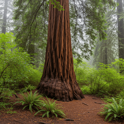 A realistic depiction of a mature Redwood (trees) in its typical natural environment
