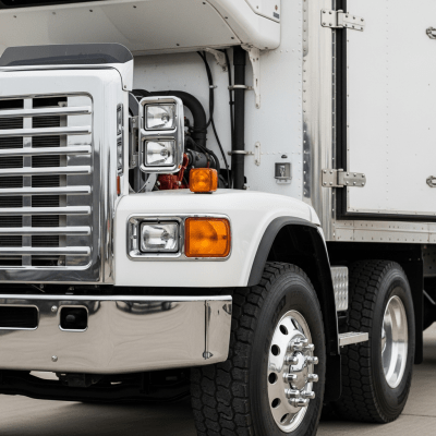 Close-up photograph focusing on distinctive details of a Refrigerated Truck from the trucks taxonomy