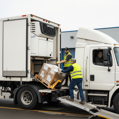 Image of a Refrigerated Truck (trucks) being used by people in a real-world scenario