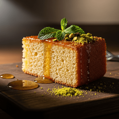 Editorial-style hero shot of a beautifully presented Revani, from the cake taxonomy.