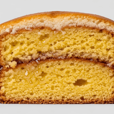 Detailed cross-sectional view of a sliced Revani (cake), showing internal layers, textures, and ingredients
