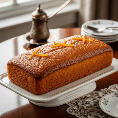 A realistic image of a whole Revani (cake) displayed on a classic dessert table in a home or bakery setting