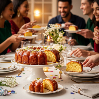 A scene showing the Revani (cake) being served or enjoyed at a festive occasion, such as a birthday party or wedding