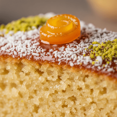 Close-up macro photograph of the surface texture and decoration of a Revani (cake)