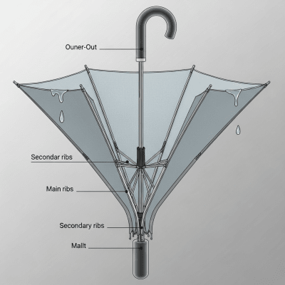 Detailed cross-sectional illustration of a Reverse Folding Umbrella, showing the internal structure such as ribs, shaft, and canopy fabric