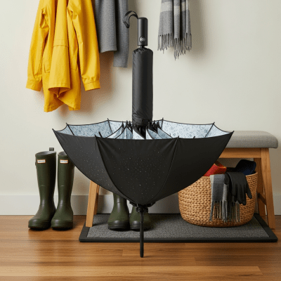 Image of a Reverse Folding Umbrella displayed alongside typical items it is paired with (e