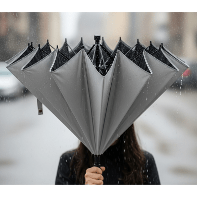 A realistic image of a Reverse Folding Umbrella (umbrellas) being used outdoors during a light rain, with droplets visible on the umbrella surface