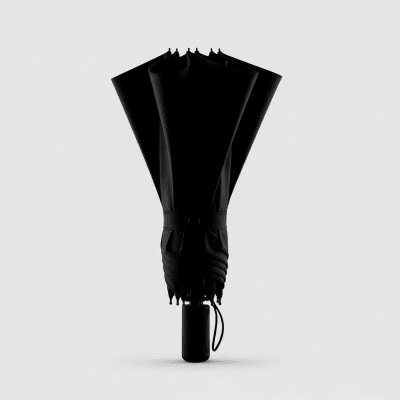 A minimalist side profile silhouette of a closed Reverse Folding Umbrella, set against a light grey background