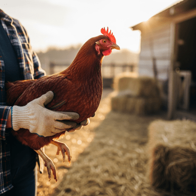 Photograph of a Rhode Island Red from the chicken taxonomy interacting with humans in a typical farm setting