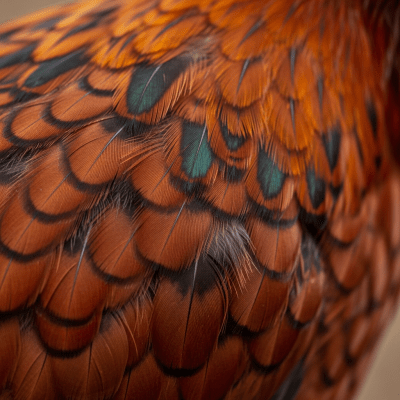 Close-up macro photograph highlighting the feather texture and coloration of a Rhode Island Red from the chicken taxonomy