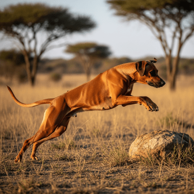 Full body action shot of a Rhodesian Ridgeback