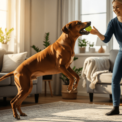Image of a Rhodesian Ridgeback interacting with humans in a typical cultural or domestic setting