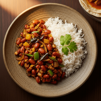 Image of cooked Rice Bean (beans) presented as part of a traditional dish or cuisine, plated attractively and photographed from above
